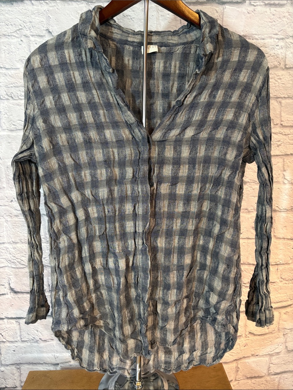Poetry Linen/Cotton Blend Blue & Gray Plaid Button-Down Shirt Size 8/Medium